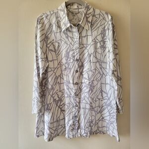 John Mark White Artsy Boho Relaxed Flowy Linen Pearl Button Down Tunic Top Large